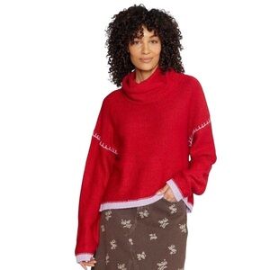 Driftwood Cowl Neck Red Sweater With Contrast Lavender Stitching. Size M NEW